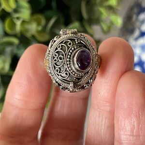 Vintage Purple Amethyst tear drop Locket Poison Bali Sterling Silver 925 Ring